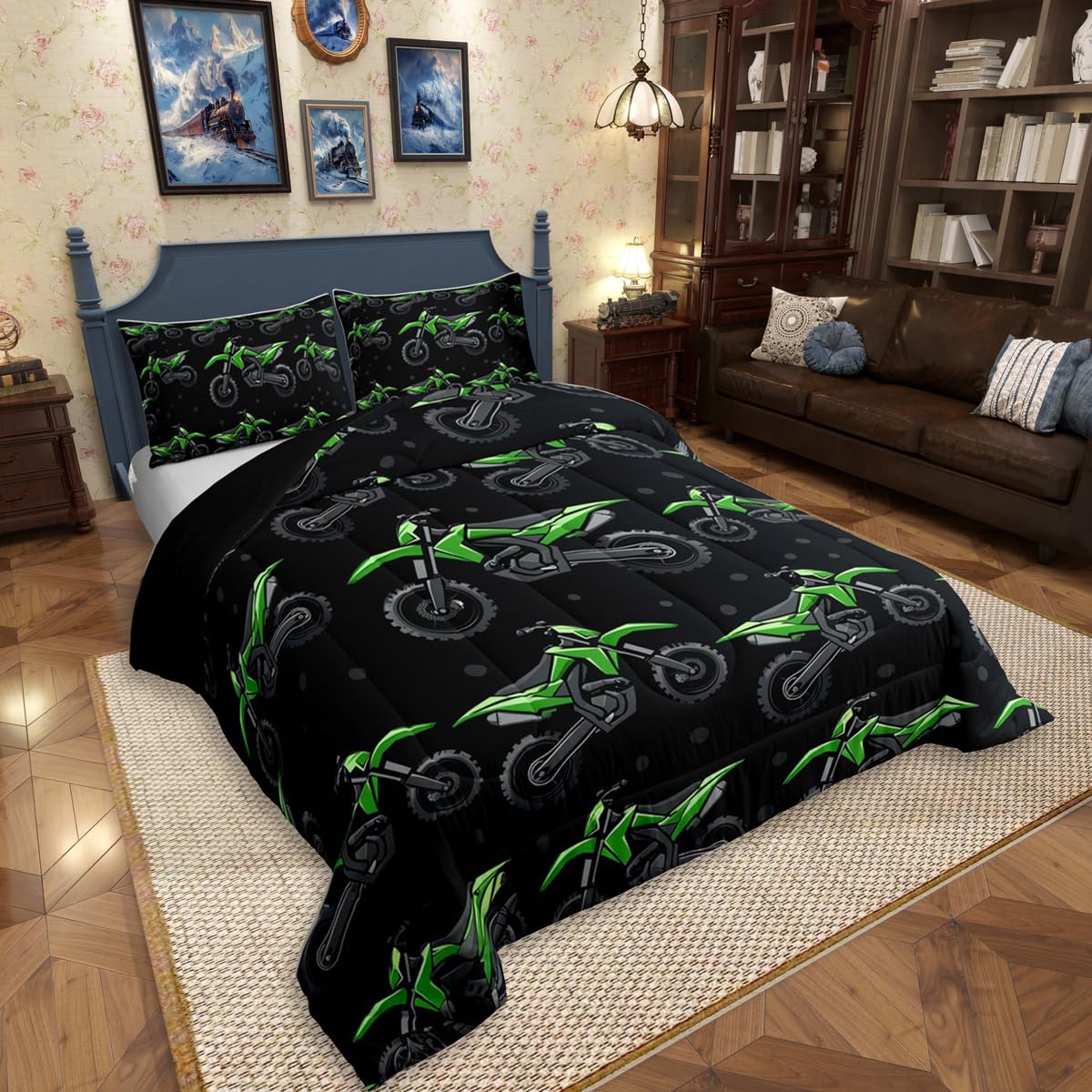 Erosebridal Boys Green Motocross Bedding Set Full, Dirt Bike Comforter Set, Racing Motocross Comforter, Cool Motorcycle Black Quilt with 2 Pillowcases for Kids Teens Youth Men Bedroom Decor