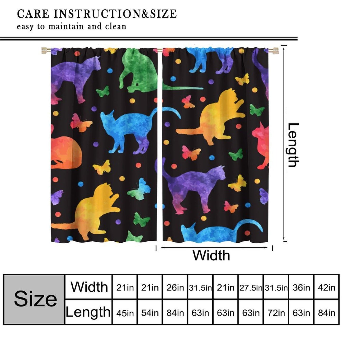 JADERYS Cat Blackout Curtains Colorful Cartoon Funny Animal Butterfly Cat Silhouette Black Kids Girls Boys Bedroom Living Room Rod Pocket Decoration Window Drapes 2 Panels W21xL45in