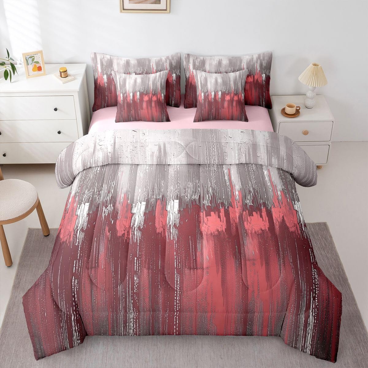 Erosebridal Greyish Gradient 7 Piece Bedding Set Queen White Rosy Comforter Set with Sheets Chic Abstract Art Graffiti Modern Bed in a Bag Farmhouse Ombre Vintage Retro for Teens Men Women