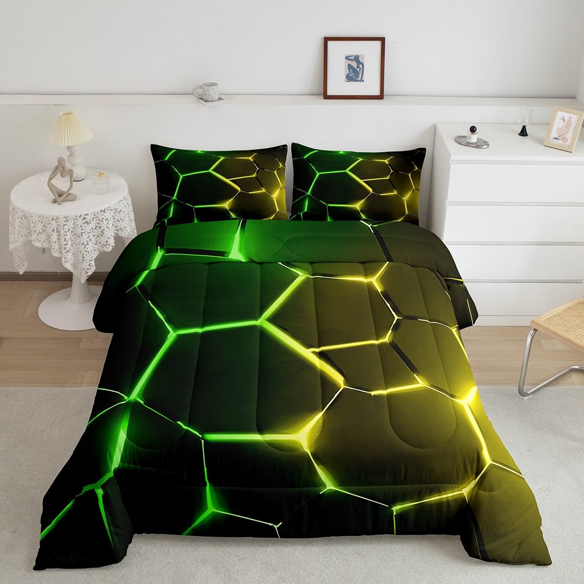 Feelyou Honeycomb Comforter Green Yellow Hexagonal Print Bedding Set for Kids Boys Girls Children Beehive Geometrical Comforter Set Ultra Soft Decor Reticulated Duvet Set Twin Size