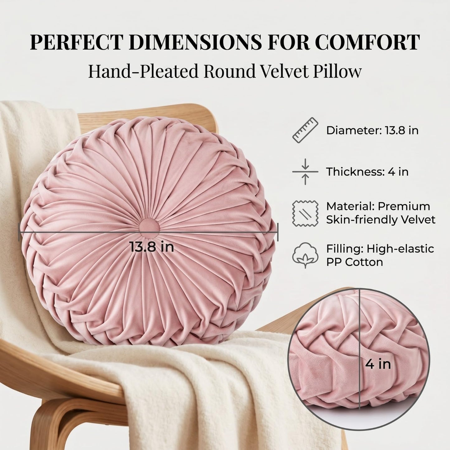 HLOVME Round Velvet Pillow for Couch Small Handmade Decorative Throw Pillow for Bed Bedroom 13.7” Pink