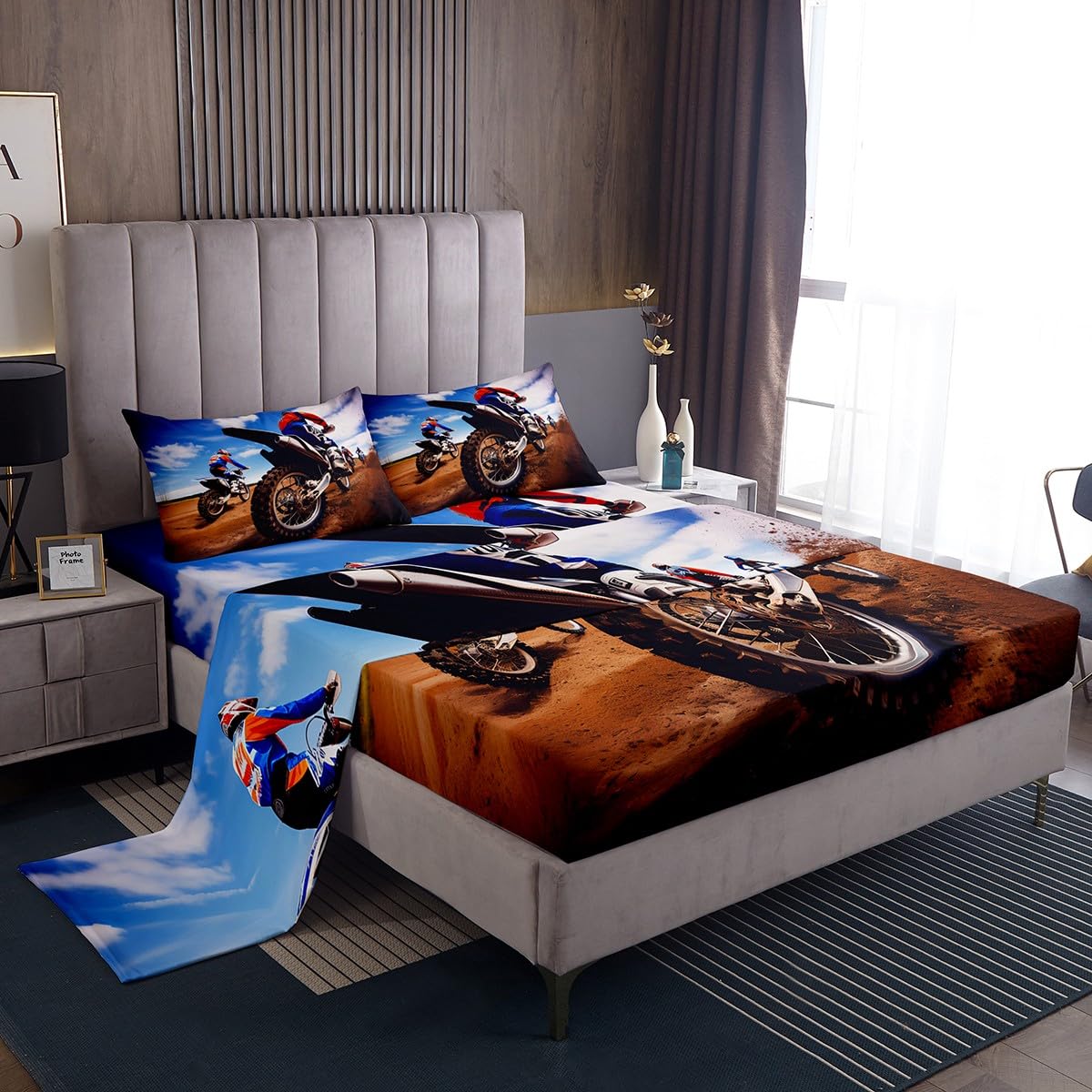 Feelyou Motorbike Fitted Sheet Dirt Bike Bed Sheet Sports Motorcycle Bedding for Kids Boys Teens Queen Size Motocross Racer Sheet Set Includes 1 Sheets & 2 Pillowcases (No Flat Sheet)