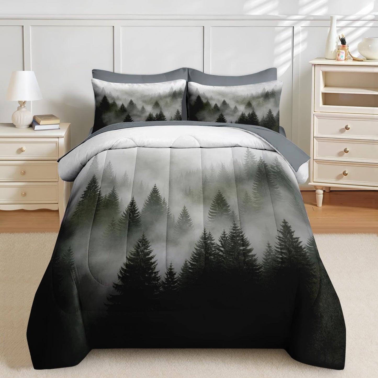 Nesker Comforter Set Full Size, Tree Mountain Forest 7 Pcs Bedding for Kids and Adults, Wood Fog Pine Bed Sheet Sets with Fitted Sheet 2 Pillowcases & 2 Shams