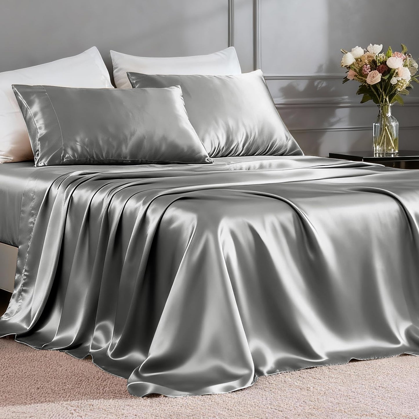 FreshCulture Satin Sheets Full Size - 4 Piece Luxury Soft Silky Full Size Bed Sheets, Similar to Silk Bed Sheet Set with 1 Deep Pocket Fitted Sheet, 1 Flat Sheet & 2 Pillowcases (Light Grey)