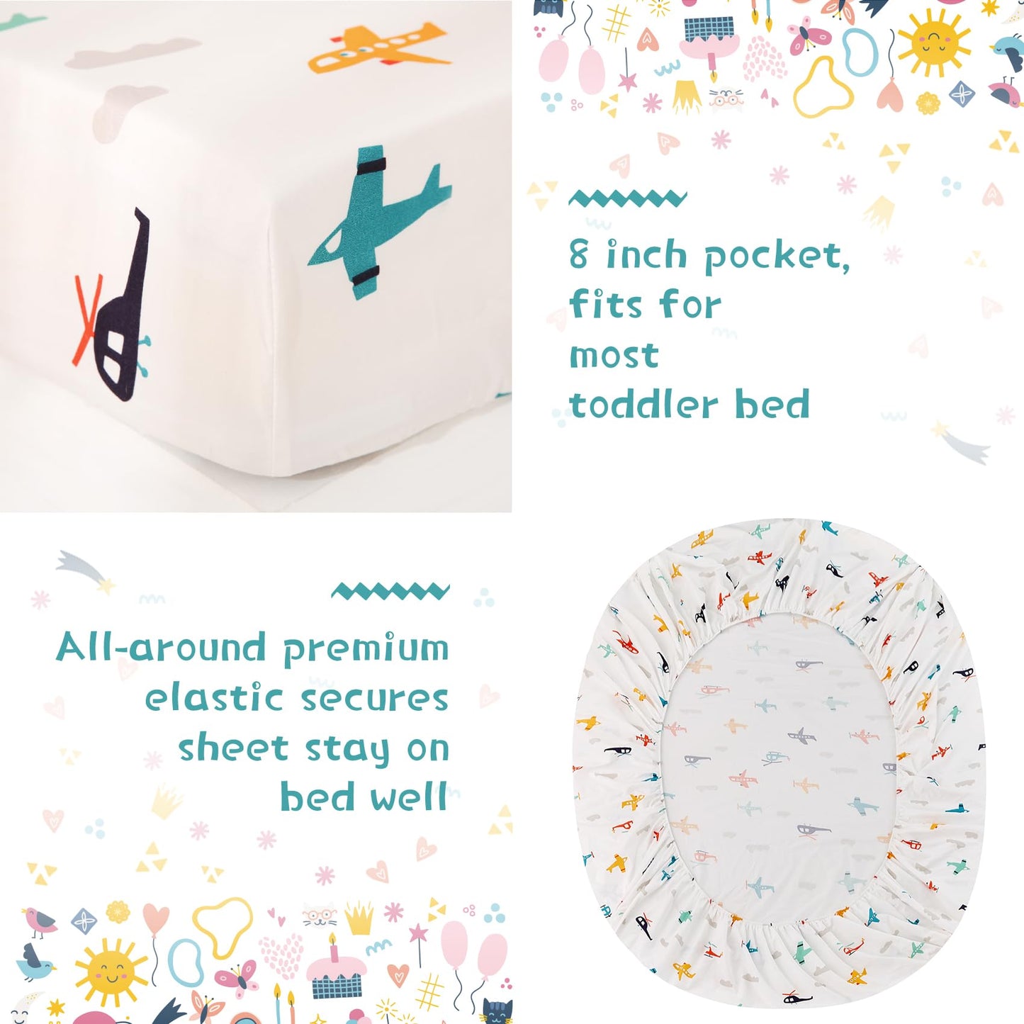 JSD Airplane Toddler Bedding Set, 4 Piece Bed-in-a-Bag Toddler Comforter Sheet Set, Machine Washable