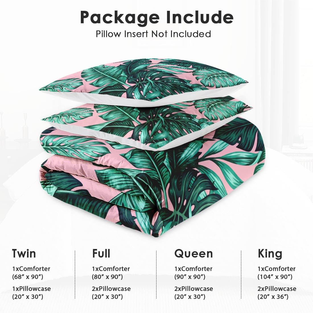 WeCozy Queen Size Comforter Set with 2 Pillowcases, Tropical Green Leaves Pink Leaf Soft 3 Pcs Bedding for Kids and Adults Bedroom Bed Decor