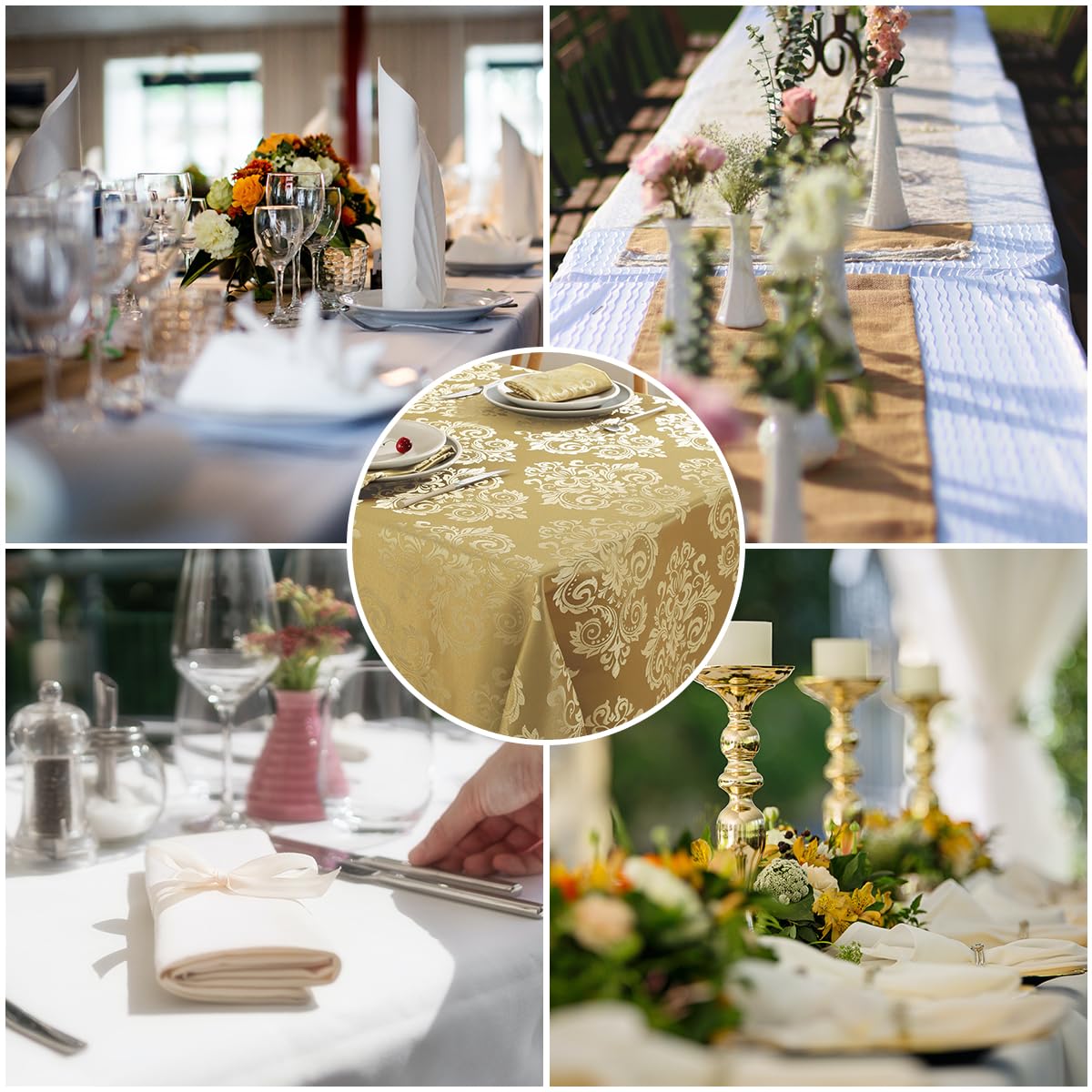 SASTYBALE Damask Gold Tablecloth for Rectangle Tables 60 x 120 Inch, Floral Jacquard Waterproof Stain Resistant Fabric Table Cloth, Polyester Table Cover for Dining/Party/Wedding/Indoor/Outdoor