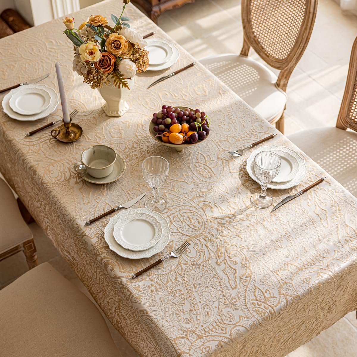 Jaysydd Jacquard Rectangle Tablecloth, Waterproof Elegant Damask Curly Floral Pattern Table Cloth, Washable Decorative Table Cover for Kitchen/Dining/Parties - Champagne, 57 x 70Inch