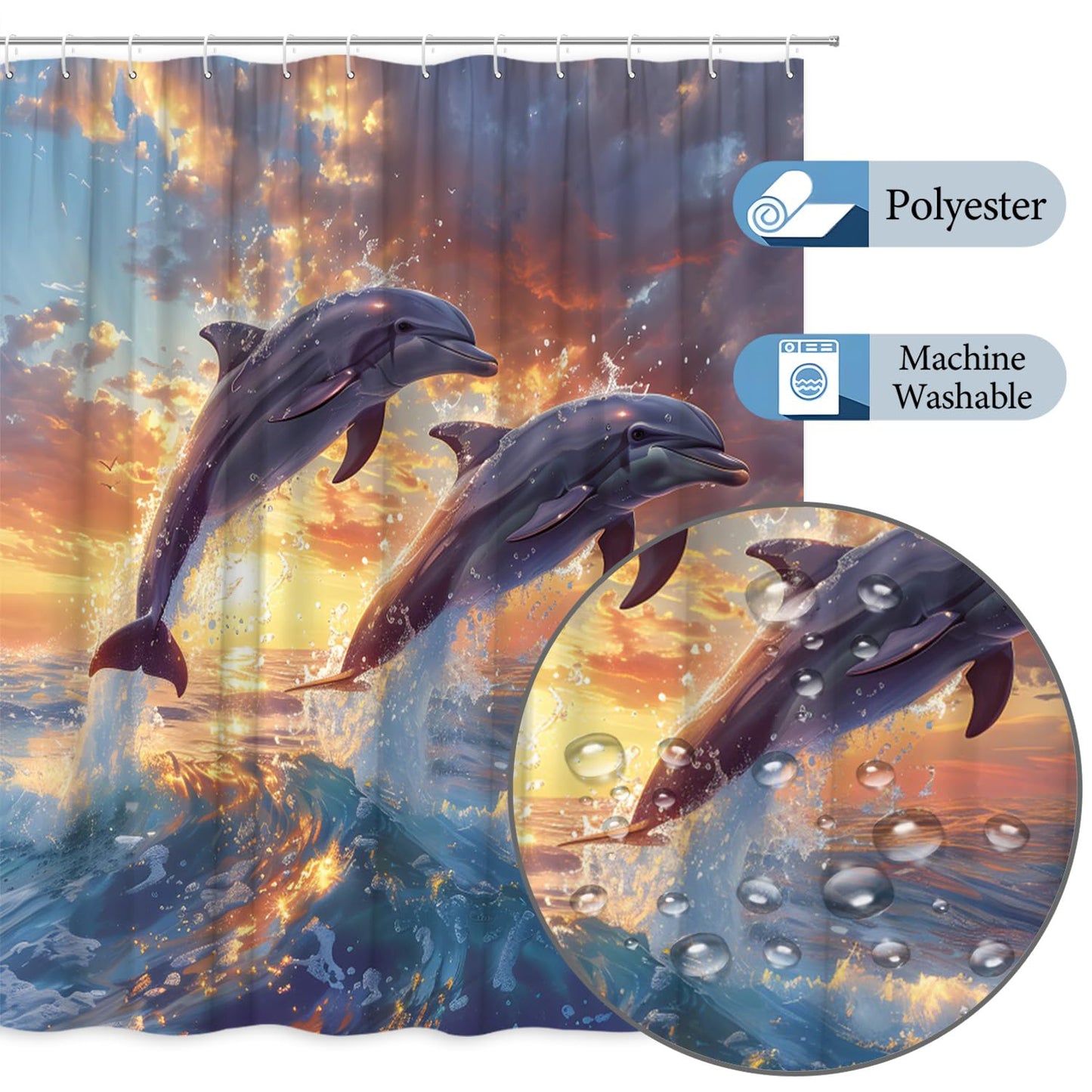 YSSFAV Jumping Dolphin Shower Curtain Cute Sea Animals Marine Life Ocean Beach Coastal Bathroom Decor Curtains Set with Hooks, 70" W x 70" H
