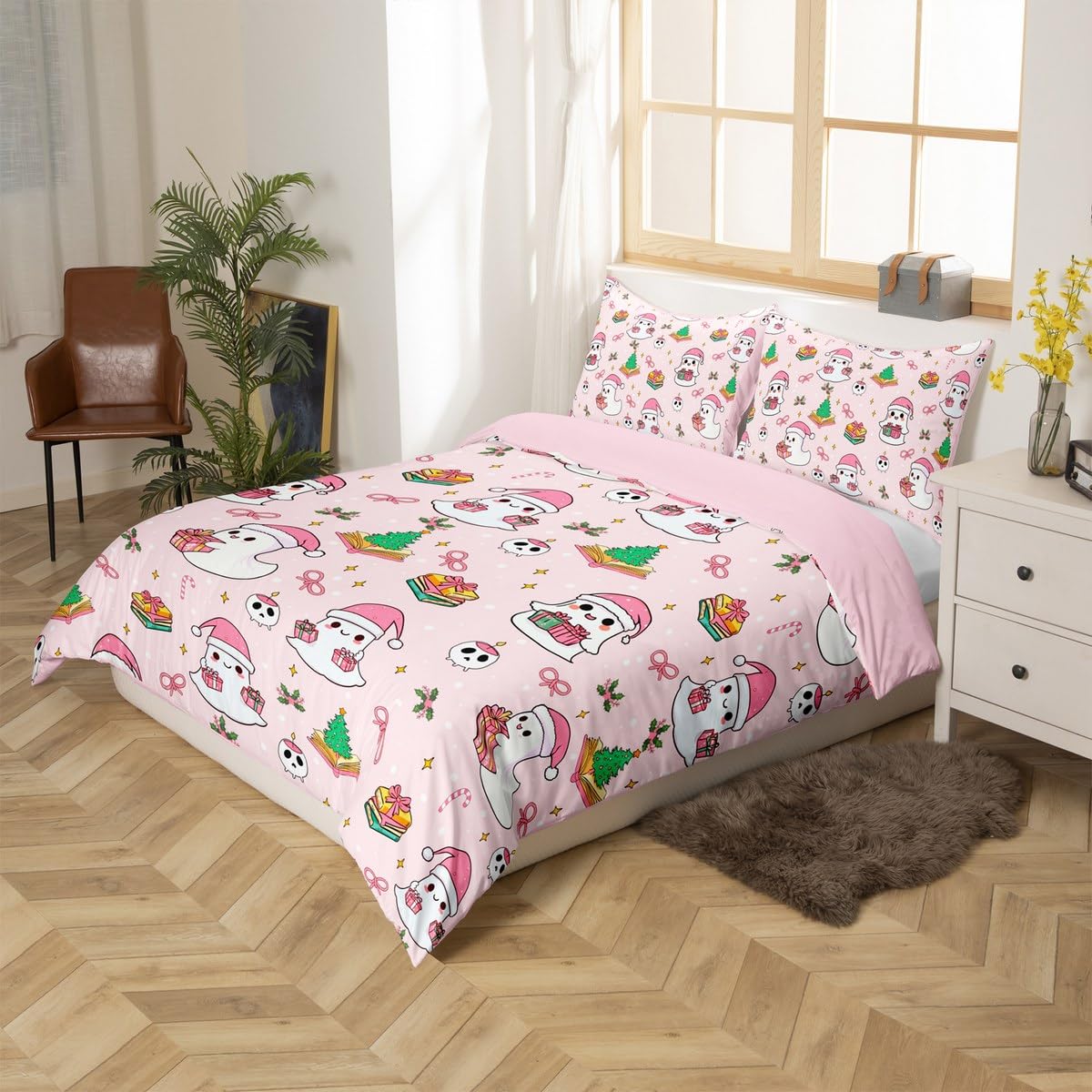 Christmas Ghost Duvet Cover Set Twin Size,Pink Santa's Hat Bedding Sets 2Pcs for Kids Girls Boys Adult Room Decor,Cartoon Christmas Tree Comforter Cover Candy Stars Print Quilt Cover,1 Pillowcase