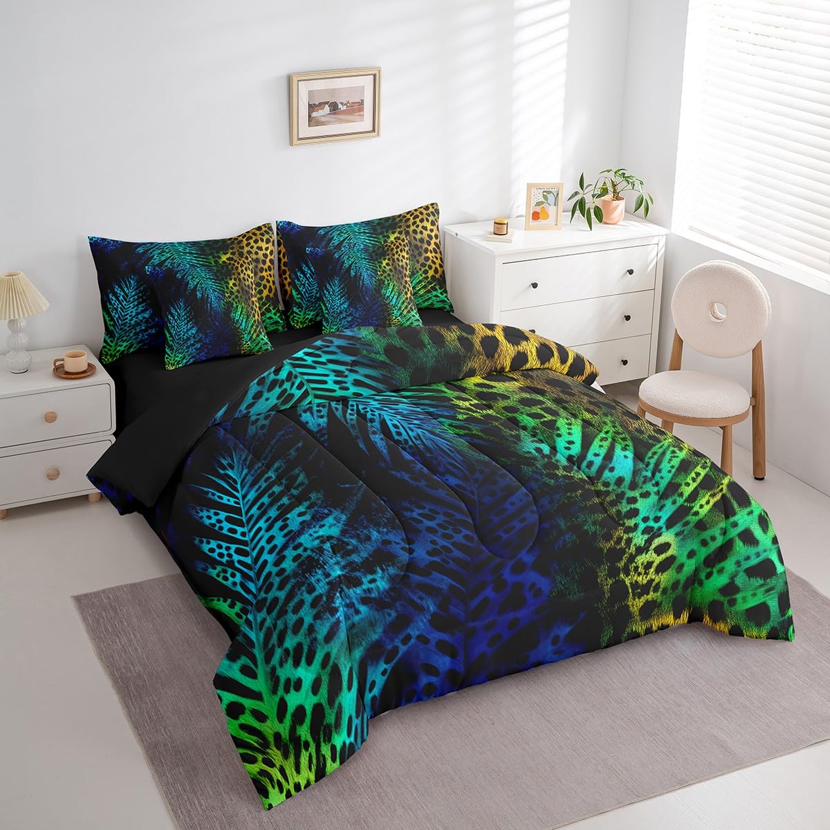 Erosebridal Blue Green Cheetah Print Comforter Set 7 Piece Bed in a Bag Twin,Leopard Print Bedding Sets Wild Animal Hide Sheet Set with Comforter,Wildlife Fur Hair Spot Bed Set