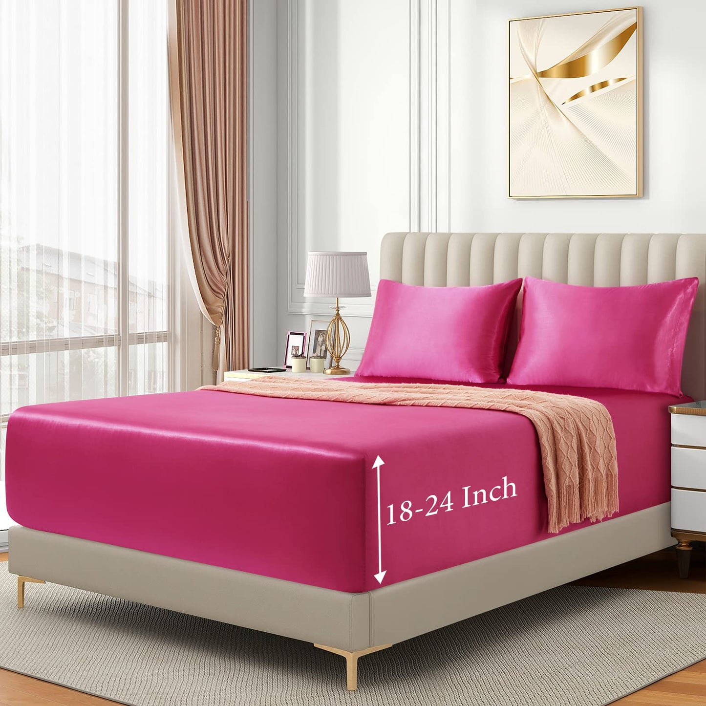 VACVELT 3pcs Extra Deep Pocket Satin Fitted Sheet Set King Bed Set, Hot Pink Bottom Sheet Fit 18-24 Inch Deep Pocket Mattress, Silky Bedding Set Soft & Ultra Deep Fitted Sheet & 2 Pillowcase