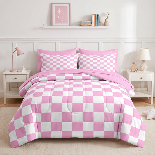 Nesker Comforter Set King Size, Light Pink Plaid Gingham 7 Pcs Bedding for Kids and Adults, Checkerboard Grid Bed Sheet Sets with Fitted Sheet 2 Pillowcases & 2 Shams