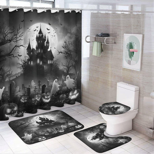 INSFBRB Retro Rustic Halloween Shower Curtain Set,Horror Vintage Gothic Castle Halloween Pumpkin Bat Ghost Full Moon 4 Pcs Bathroom Decor Accessories with 12 Hooks