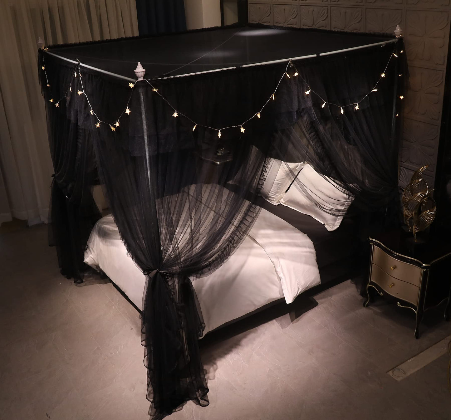VETHIN 4 Corners Post Ruffle Princess Bed Canopy Curtain-Double Layer Cozy Drape Netting 4 Opening Mosquito Net for Girls Adults Bedroom Decoration (Double-Black,64" W*82" L*82"*H/Queen)
