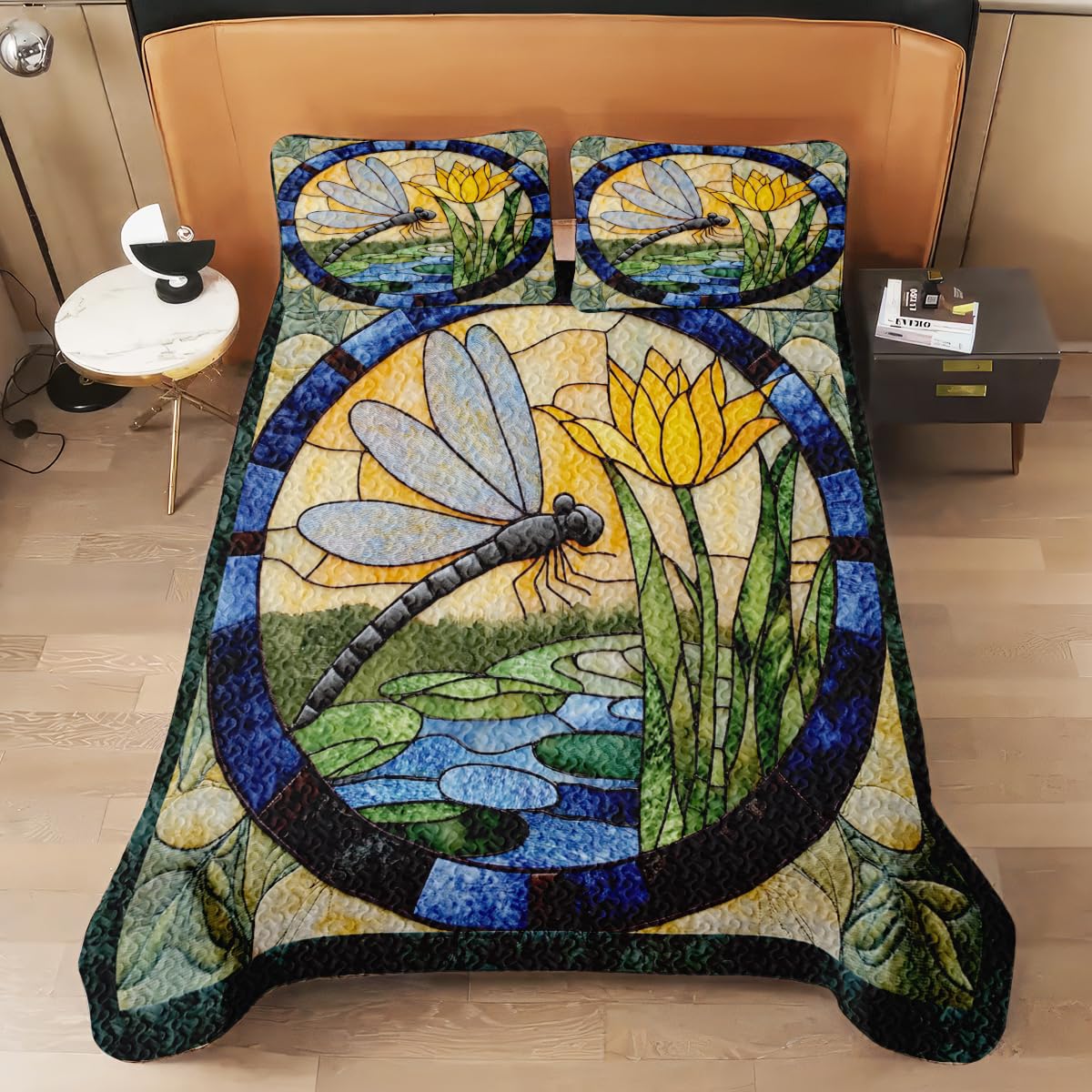 Jeminise Dragonfly Patchwork Quilt Set, Animal Patchwork Bedset - Dragonfly Quilt Bedding Set, Premium Pattern Quilt Bedspread, Bedding Blanket Gift for Daughter Women