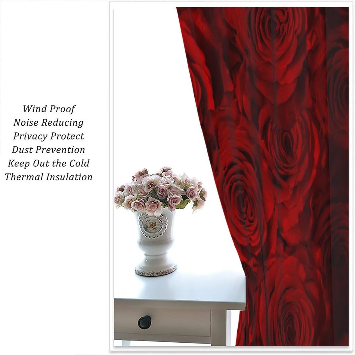 GoDazzling Romantic Flowers Rose Curtains, Floral Valentines Red Rose Blooming Rod Pocket Window Drapes, for Bedroom Living Room 41" W X 45" L (No Blackout)