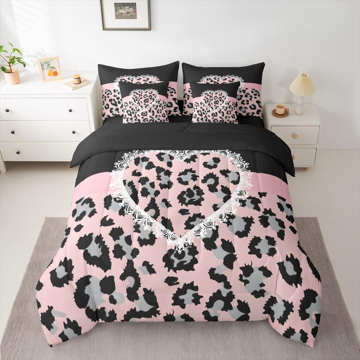 Feelyou Cute Leopard 7 Piece Bedding Set Lace Love Heart Comforter Set with Sheets for Kids Boys Girls Black Pink Bed in a Bag Sweet Romantic Bed Set Soft Lightweight
