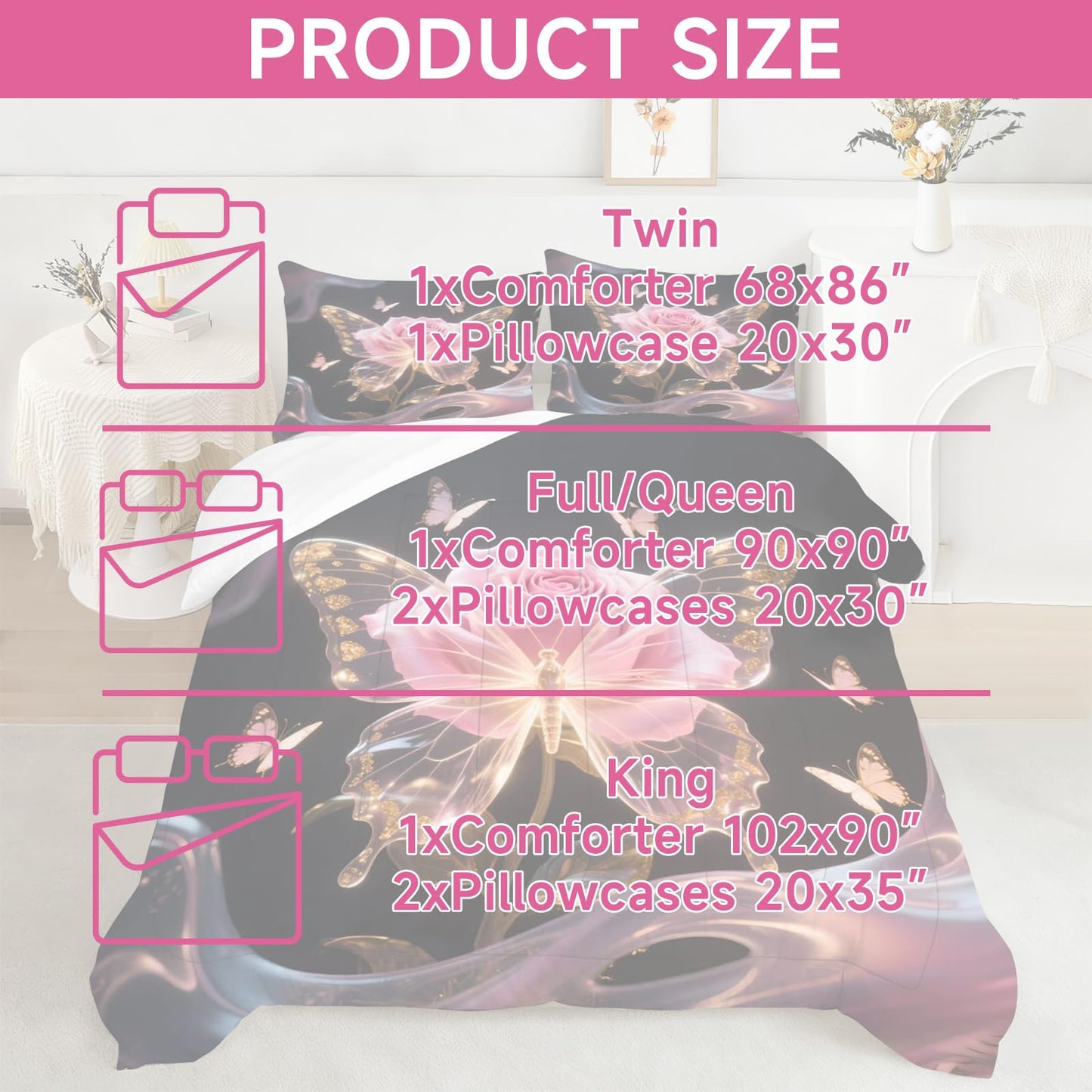 CERYUEE Butterfly Bedding Set Butterfly Twin Comforter Set for Girls Kids Woman 3D Pink Rose Flower Quilt for Bedroom Decor Black Cute Bedding 1 Comforter + 1 Pillow Case