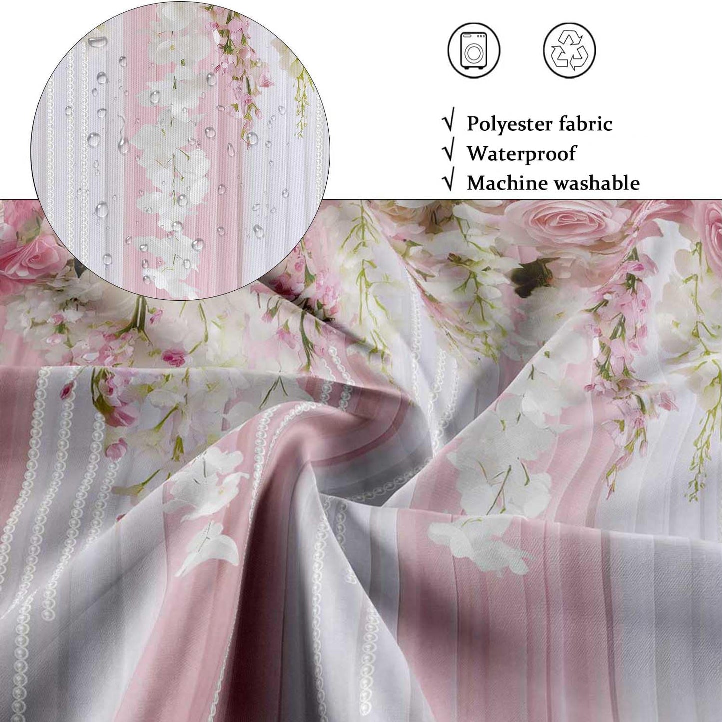 iTapnoom Pink Rose Shower Curtain 72x72 Inch, Romantic Floral Bathroom Curtain with Hanging Flower Garland Design Waterproof Fabric Bath Curtain Set with 12 Hooks for Home Decor