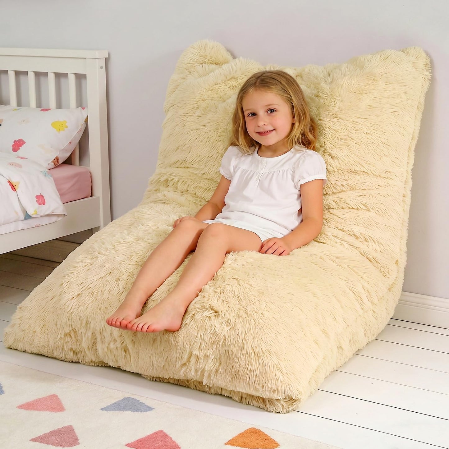 Treokion 3 in 1 Kids Bean Bag Chair Bed, Kids Fluffy Stuffed Floor Pillow for Gaming and Reading, Ultra Soft Faux Fur Fabric Bean Bag Chairs to Lounger for Playroom, Living Room, Bedroom, Beige