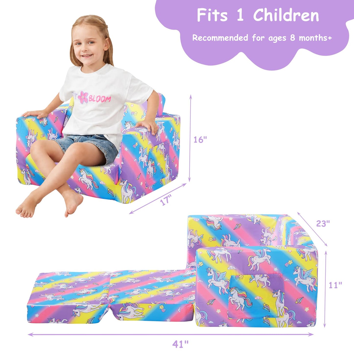 Viviland Toddler Chair, 2-in-1 Kids Couch Bed, Toddler Chairs Comfy 1-3 Years Old Fold Out Convertible Soft to Lounger, Colorful Rainbow Unicorn Baby Couch