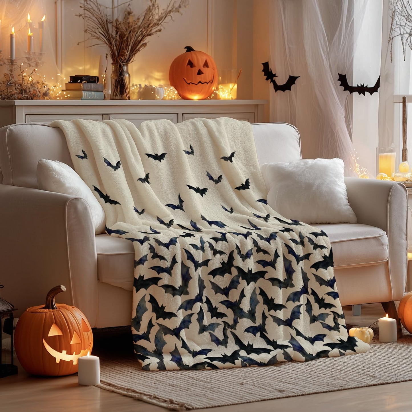 Horaldaily Halloween Flannel Blanket Throw, Bats Beige Soft Fuzzy Plush Cozy Fleece Blankets for Couch Sofa Bed Lounging, Ideal Gifts for Kids Adults Wife Self, 60x80