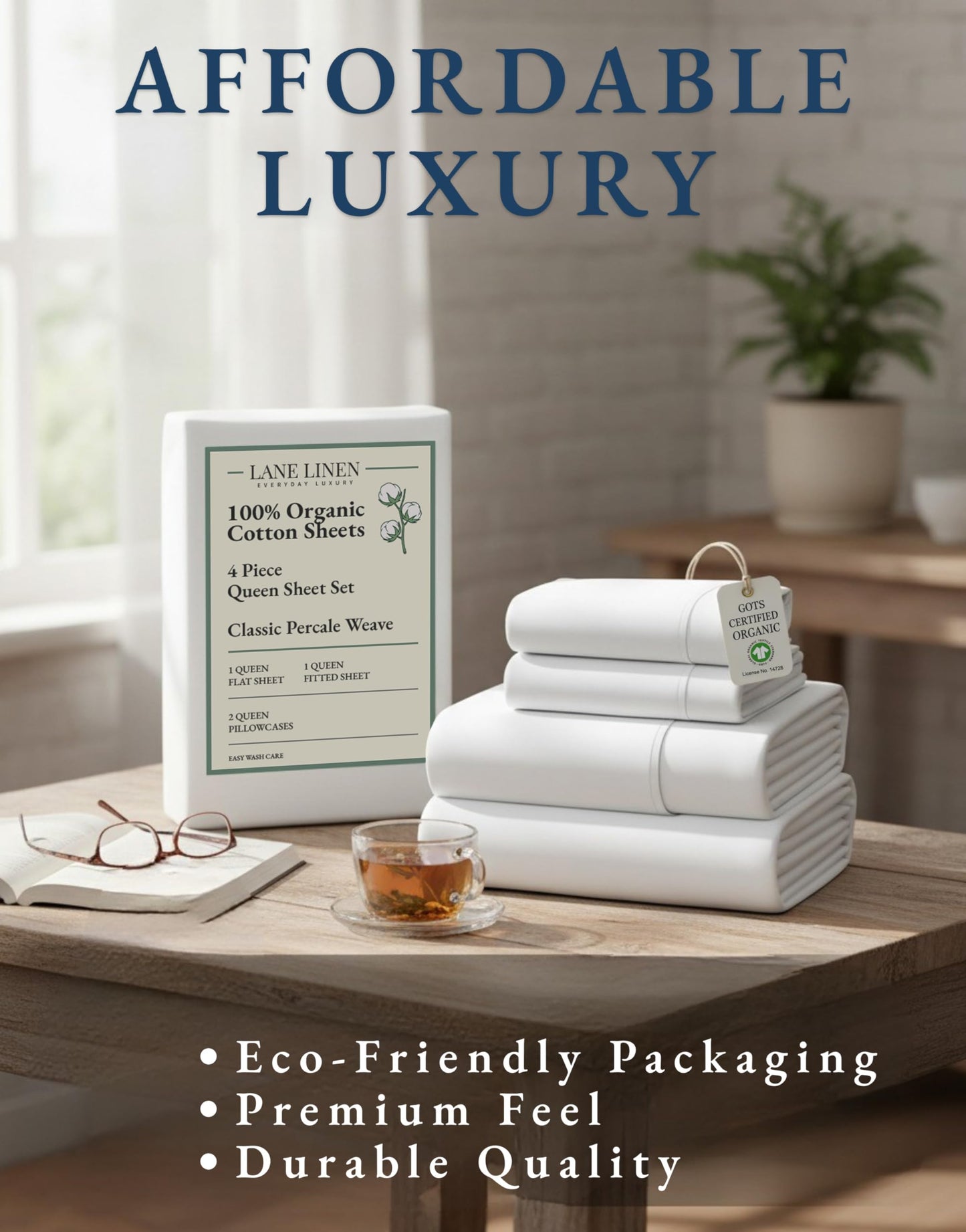 LANE LINEN Queen Sheets 100% Organic Cotton GOTS Certified Percale Weave Deep Pocket 4 Piece Soft Breathable Cooling Lightweight All Season Machine Washable Crisp - White