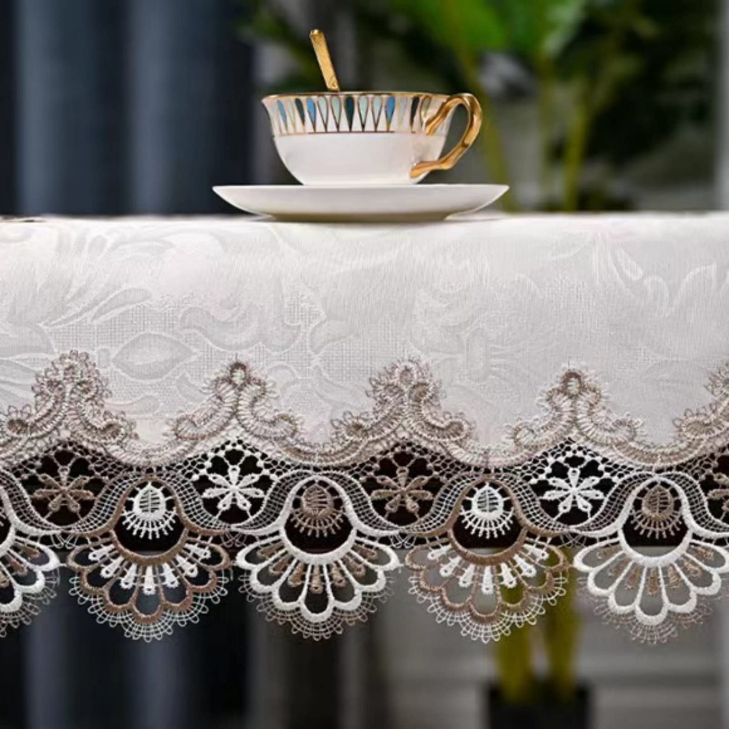 ZMNSZBDBeige Embroidered Lace Tablecloth Lace Coffee Table Cover Oval Hollow Fabric Tablecloth, Washing Machine, Dryer, Refrigerator Top Dust Cover (27.5''X51'')
