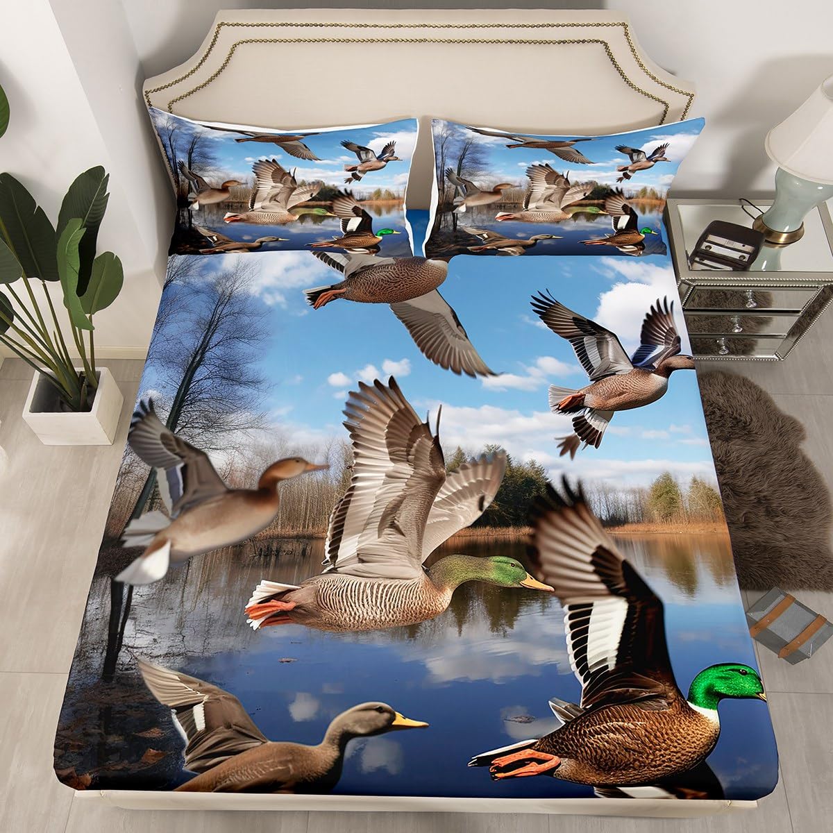 Erosebridal Duck Hunting Sheet Set for Teens Youth,Mallard Duck Bed Sheets Full Size,Nature Landscape Bedding Set Bedroom Decor,Woodland Farmhouse Animal Fitted Sheet + Flat Sheet + 2 Pillow Shams