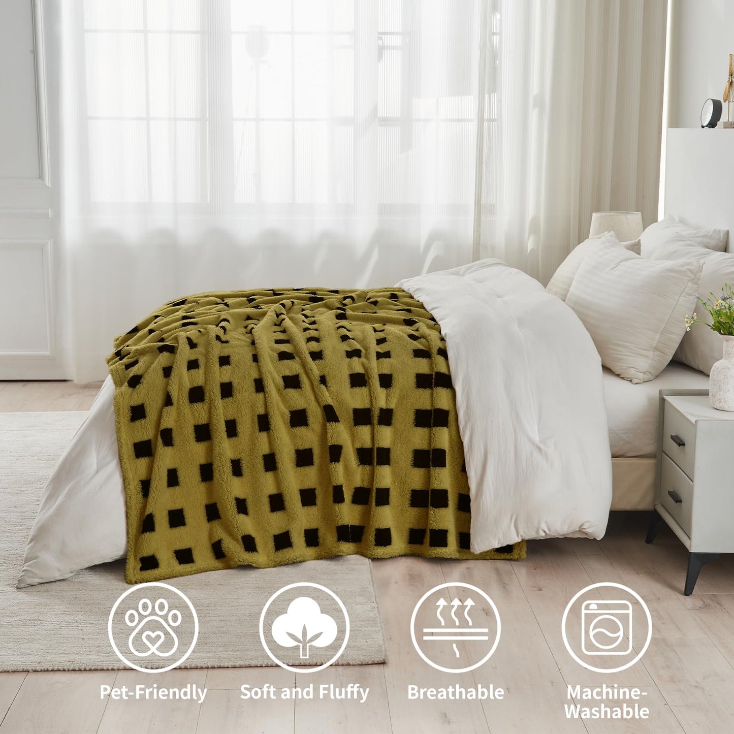 PLEVONITH Fleece Blanket for Couch for Bed320GSM - Olive Green Checkered Blanket Throw, Christmas Blanket Cozy Blankets for Women Gift, 50x60 Inches