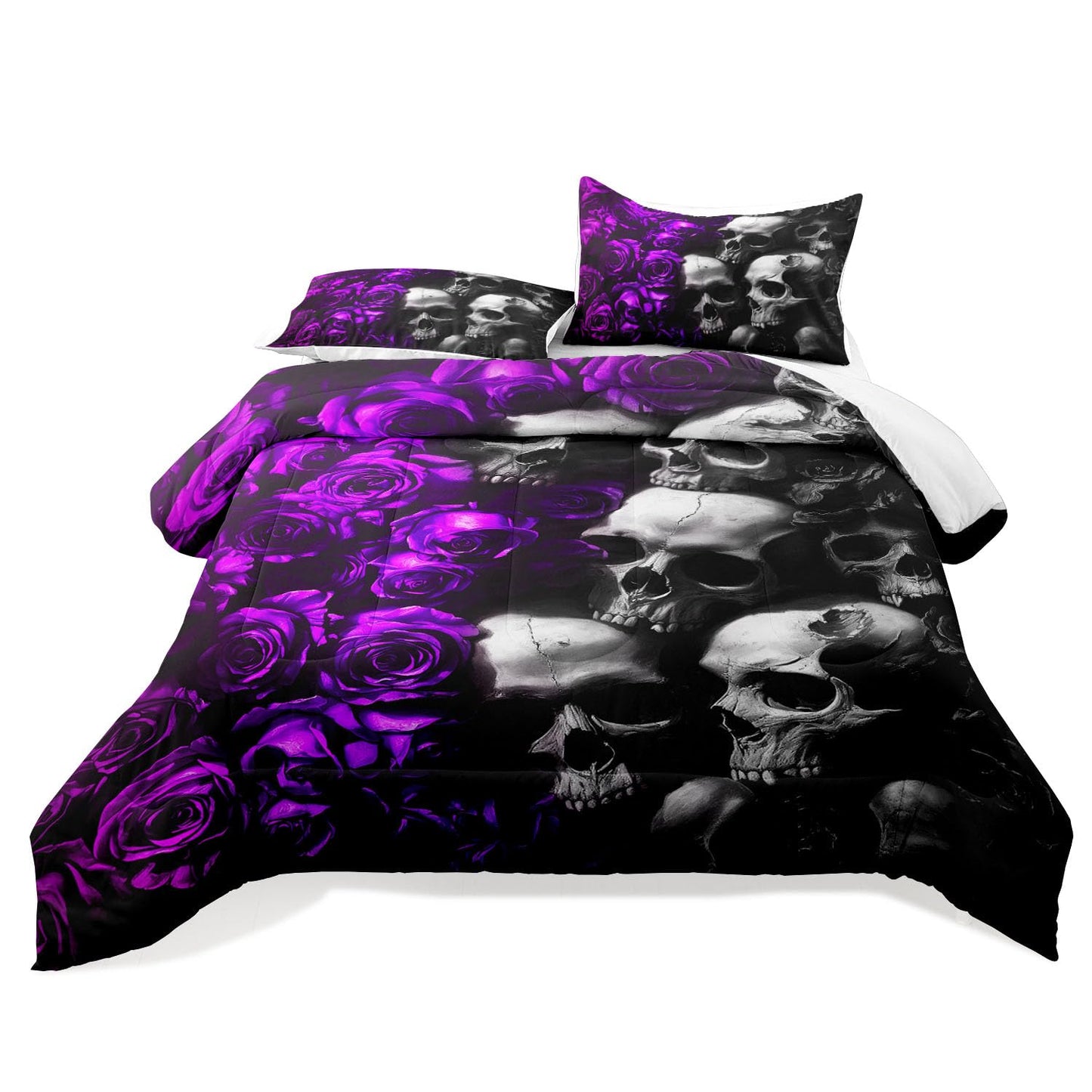 Raphus Cucullatus Gothic Black & Rose Skull Bedding Set - Queen Size Quilt, Comforter & Skeleton Pattern