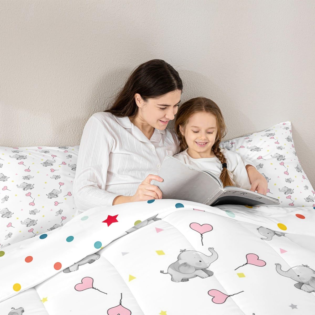 Erosebridal Lovely Elephant Comforter Set for Kids Girls Boys Teens Bedroom,Love Heart Down Comforter for All Season, Kawaii Animal Bedding Set, Cartoon Style Triangle Quilt Full Size