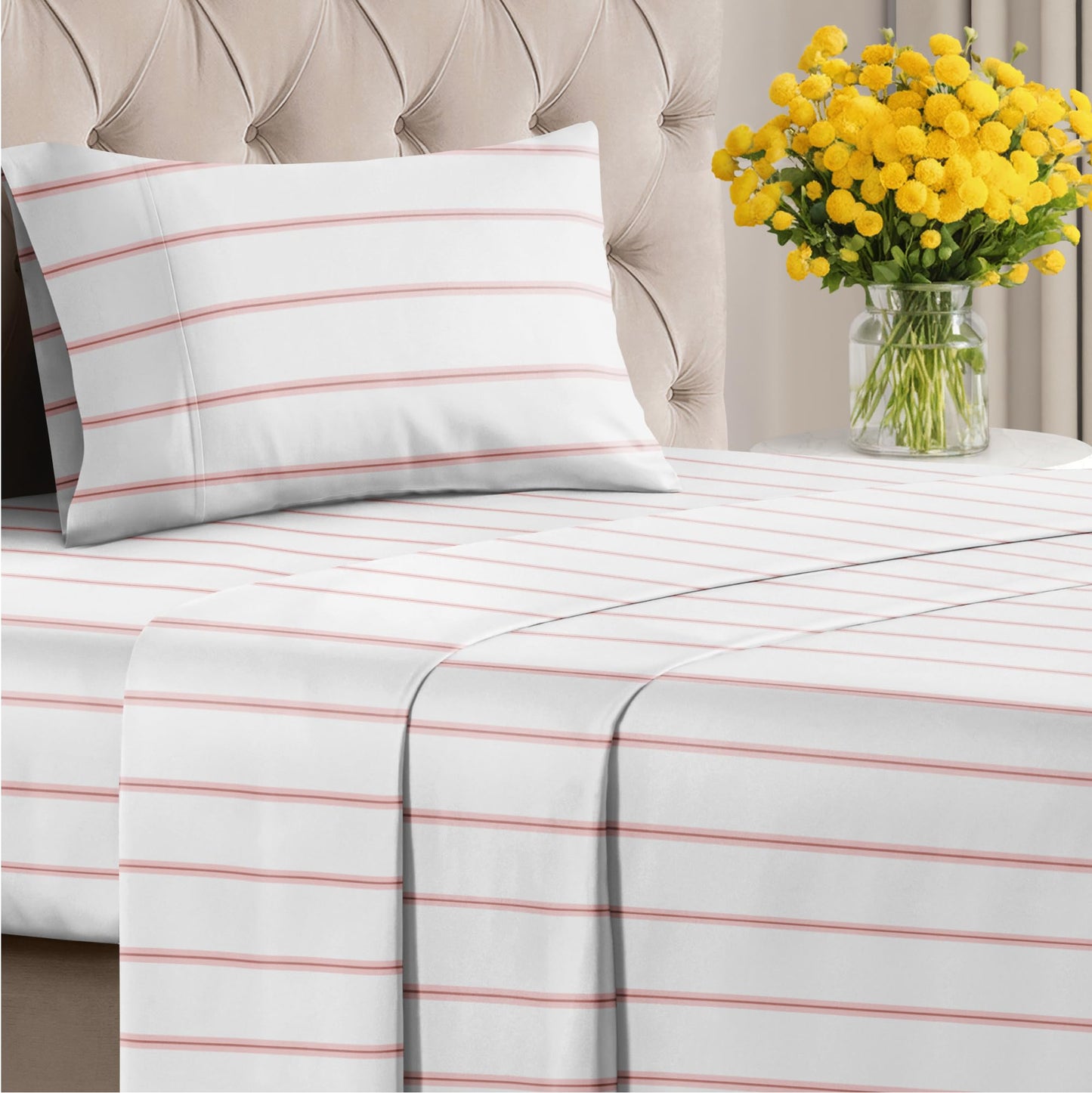 Striped Sheets - Red & White Striped Sheets - 1 Flat & 1 Fitted & 1 Pillowcase w/ Deep Pockets – Wrinkle & Fade Resistant - Soft, Breathable and Cooling – Luxury Pinstripe Bedding - Twin Size Bed Set