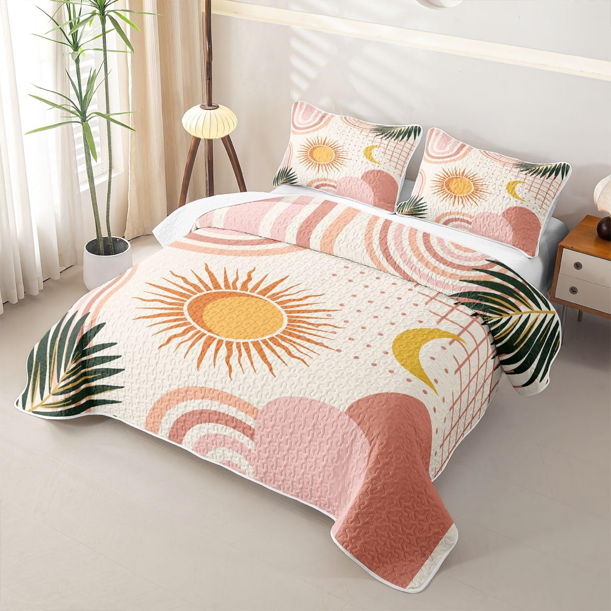 Erosebridal Sun Moon Quilted Bedspreadd Set Twin Boho Mid Century Coverlet Set Bohemian Abstract Geometric Bed Set Blush Pink Bedding Set