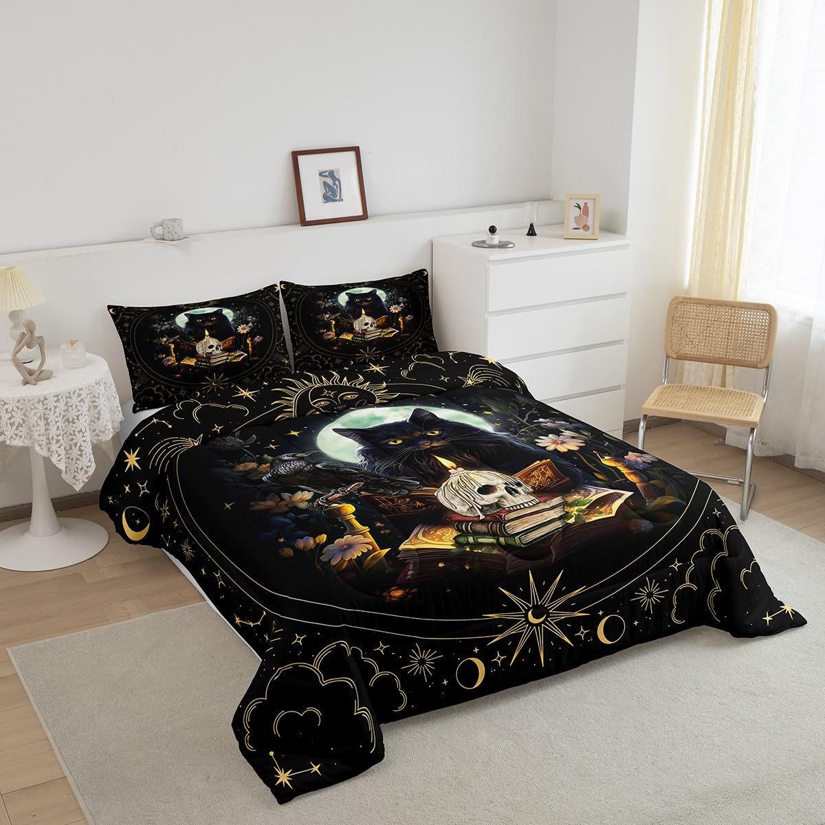 Trippy Cat Comforter Set Queen Size,Sun and Moon Kids Bedding Set Gothic Sugar Skull Crow Print Quilt Set for Girls Boys Adult Room Decor,Exotic Daisy Floral Duvet Insert,2 Pillowcases,Black