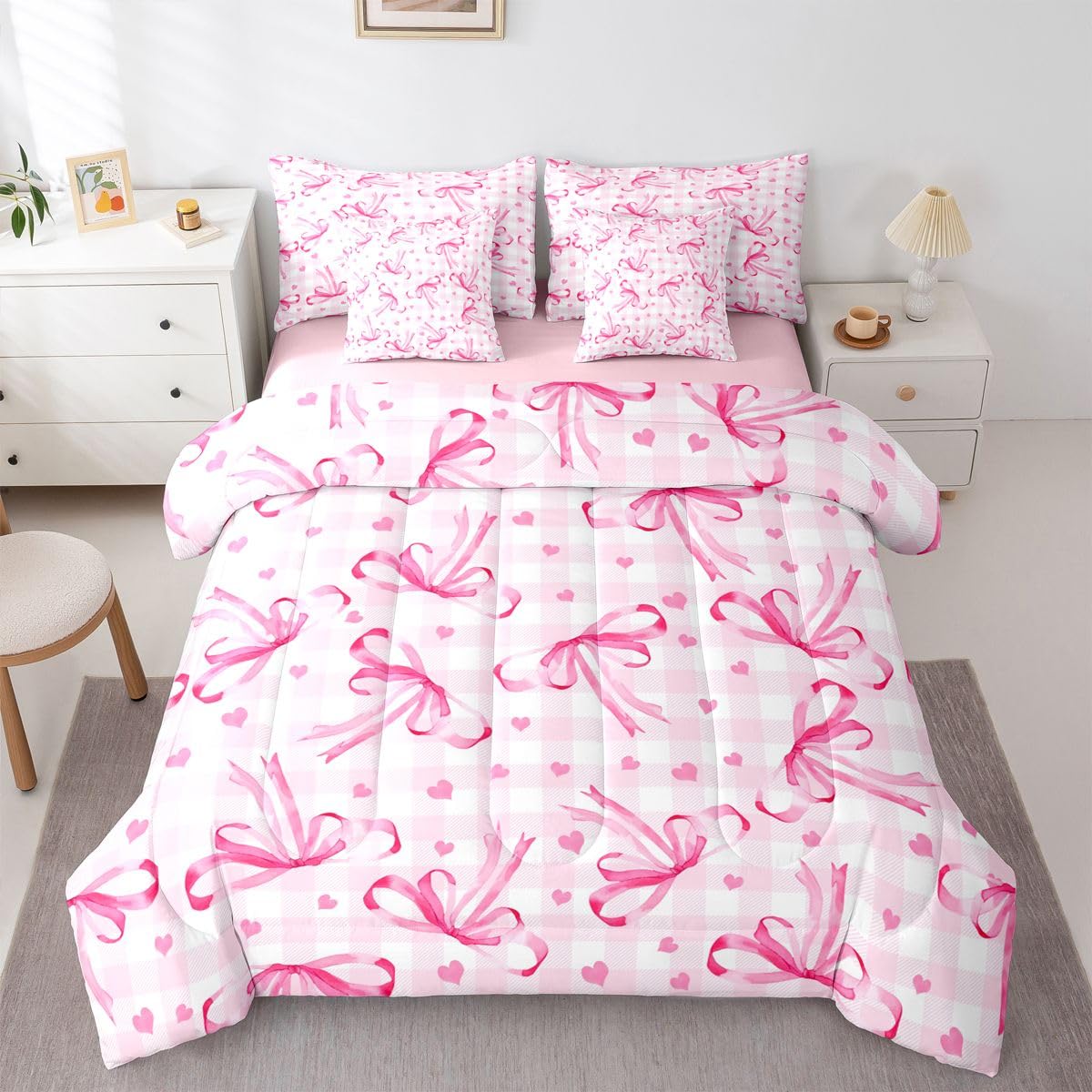 Erosebridal Pink Bow 7 Piece Comforter Set King Bowknot Ribbon Bedding Set for Girls Coquette Room Decor Plaid Grid Heart Pattern Bed in A Bag Bowtie Princess Soft Cozy Sheet Set with Comforter