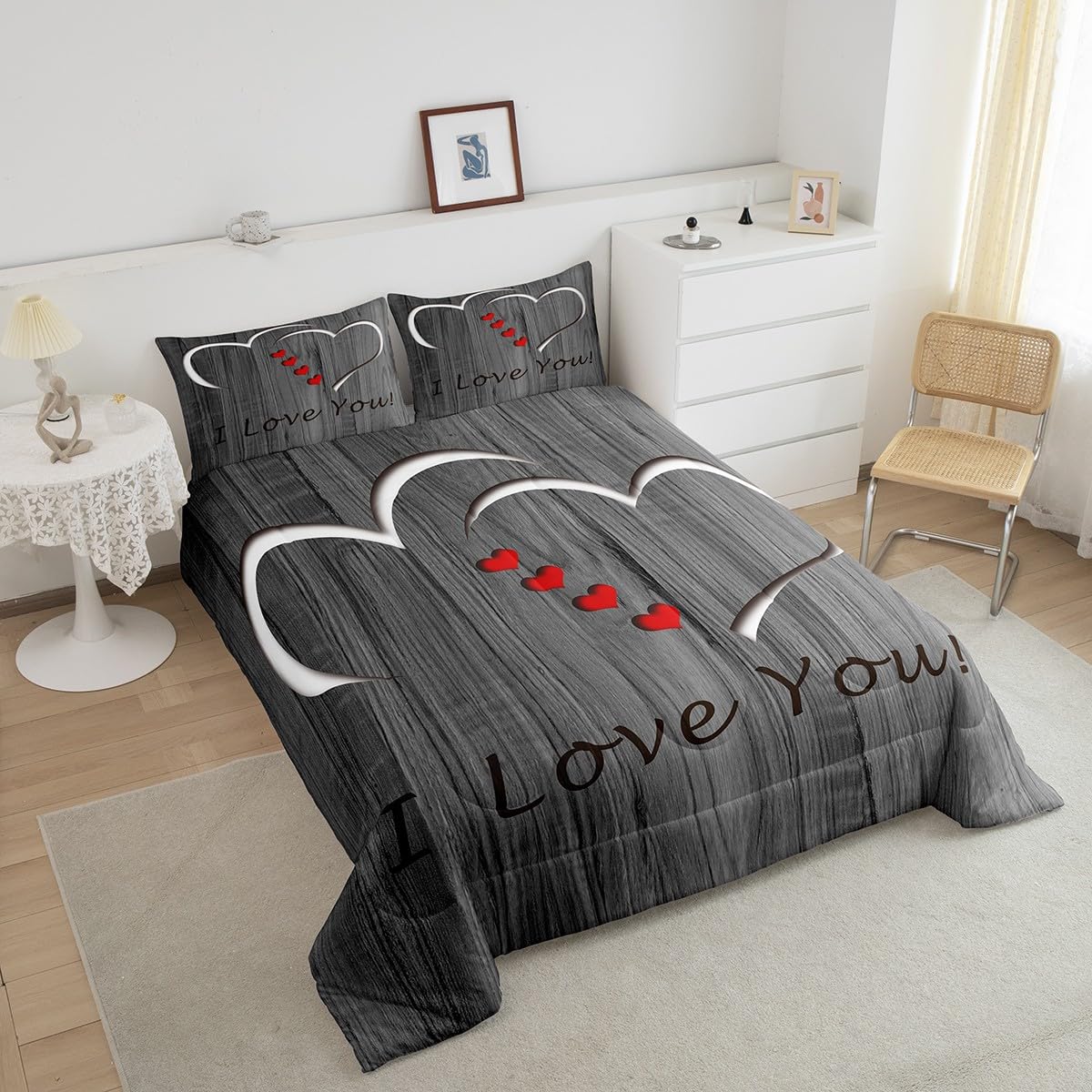 Erosebridal I Love You Bedding Queen,Simple Wooden Comforter Set,Romantic Valentine Gifts Down Comforter,Love Hearts Bedding Comforter Sets