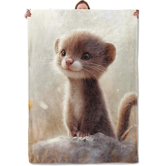 Mounidso Cute Ferret Blanket, Cute Animal Print Flannel Blanket Gifts for Women, Soft Warm Lightweight Ferret Blankets for Living Room Home Sofa Travel Decor 50" x 60"