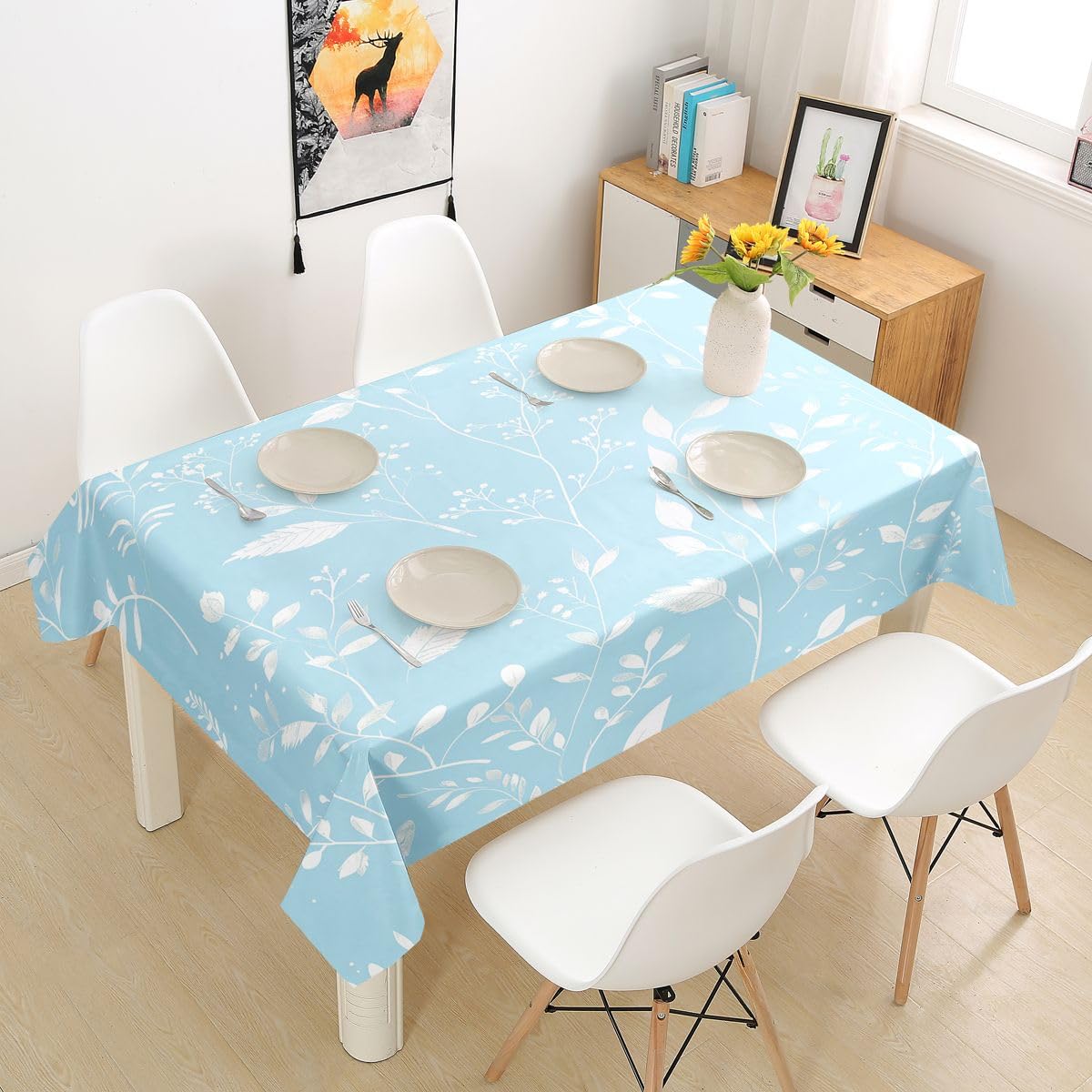 Homewish Nature Leaves Tablecloths,Leaf Floral Rustic Farmhouse Table Cover,Natural Plant Botanical Table Cloth,Blue Table Accessories for Kitchen,Rectangle 55"x71"