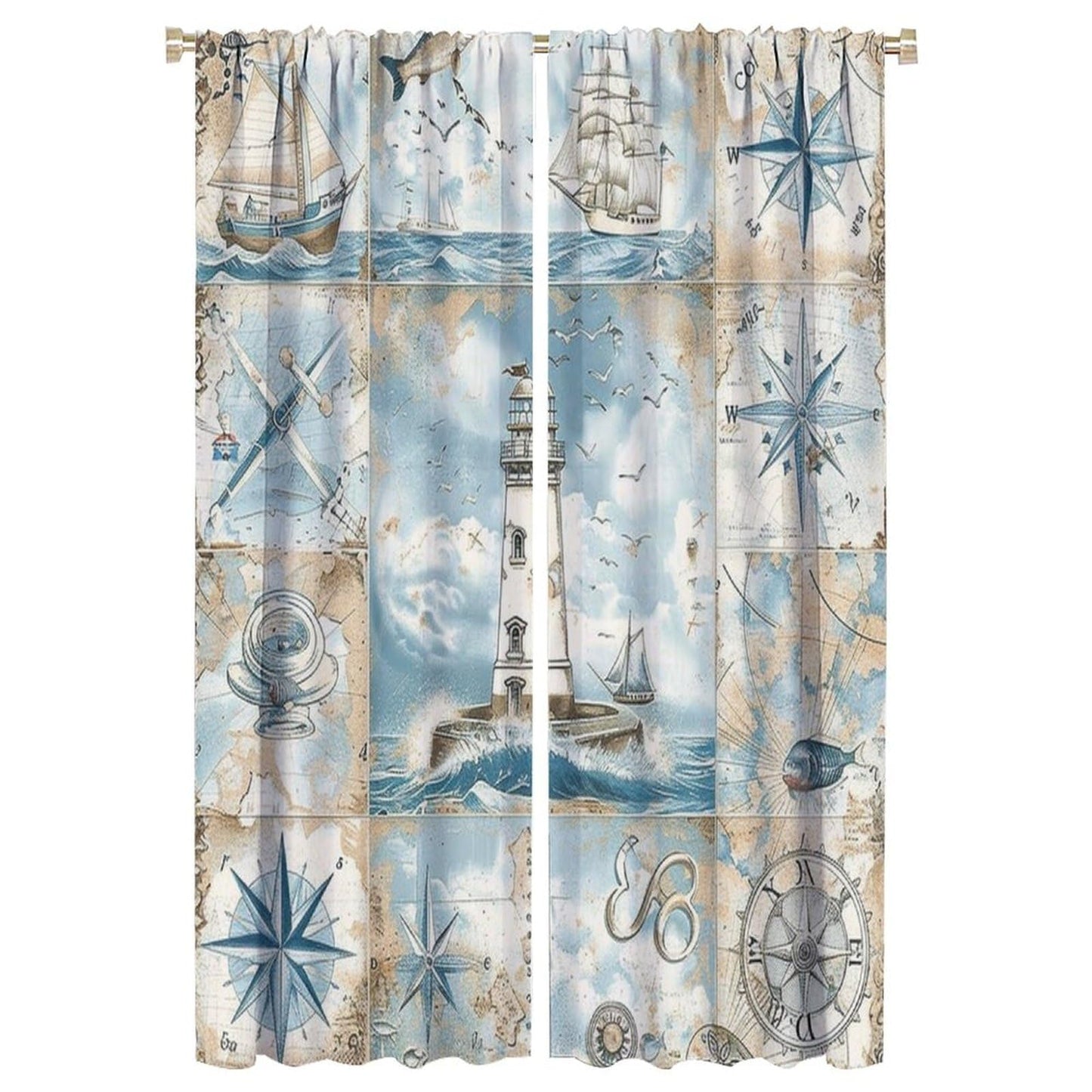 TOWINSFB Nautical Journey Blackout Curtains for Living Room Bedroom, Retro Sailboat Compass Lighthouse Window Curtains Rod Pocket Thermal Insulated Window Drapes, 2 Panels, Each 21W x 63L