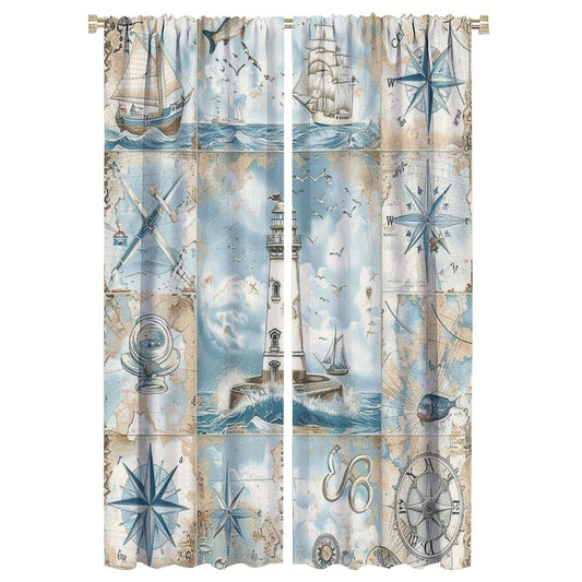 TOWINSFB Nautical Journey Blackout Curtains for Living Room Bedroom, Retro Sailboat Compass Lighthouse Window Curtains Rod Pocket Thermal Insulated Window Drapes, 2 Panels, Each 21W x 63L