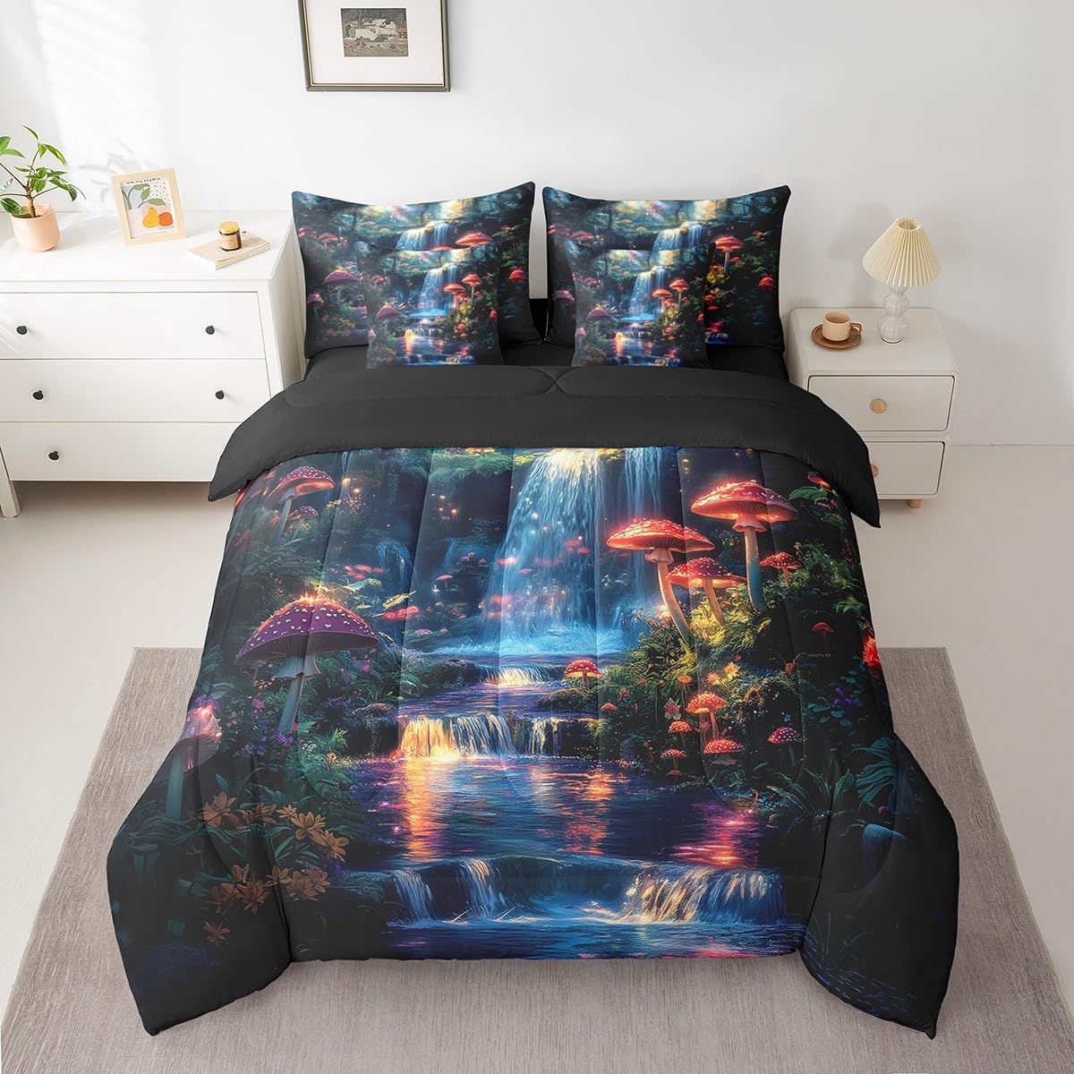 jejeloiu Cute Mushroom Comforter Set with Sheets Twin Size Kids Cartoon Mushrooms Tree 7 Pieces Bedding Set for Boys Girls Teens Waterfall Dreamy Bed in a Bag Breathable Nature Landscape Bed Set