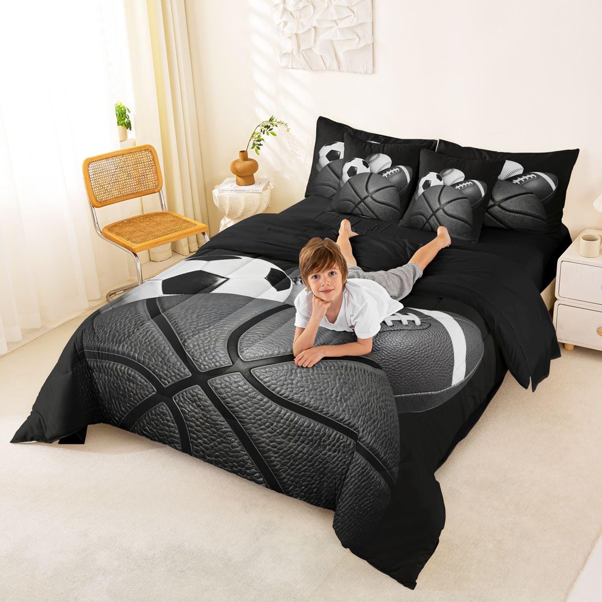 Feelyou Boys Sports Comforter Set Twin Size 7 Pieces Football Baseball Soocer Basketball Bedding Set Kids Black White Bed in a Bag with Sheets, Pillowcases, Cushion Covers Sports Gifts Room Decor Soft