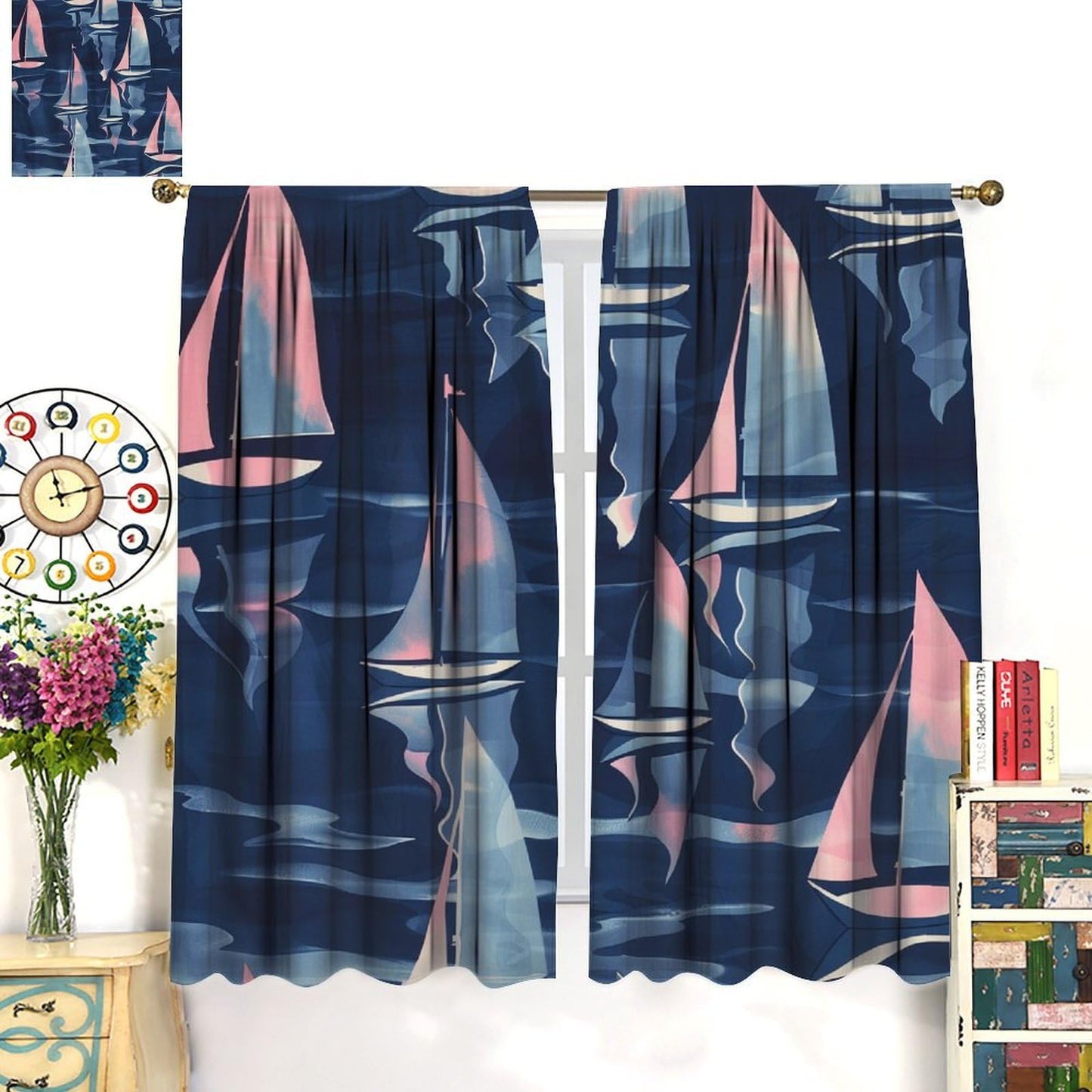 TOWINSFB Funny Sailing Ship Blackout Curtains, Cute Cartoon Sailboat Nautical Home Decor Rod Pocket Window Drapes for Living Room Bedroom - 42" W x 45" L