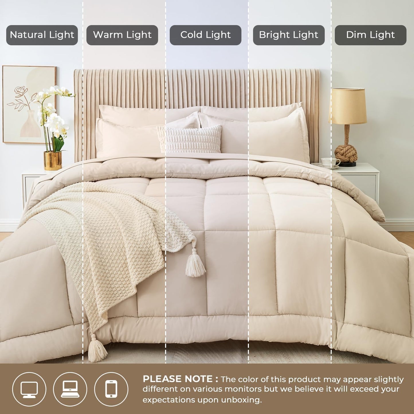 Sasttie Queen Comforter Set, Beige 7 Pieces Bed in a Bag Queen, Complete Bedding Set Includes Comforter, Flat Sheet, Fitted Sheet, Pillowcases and Pillow Shams, Beige
