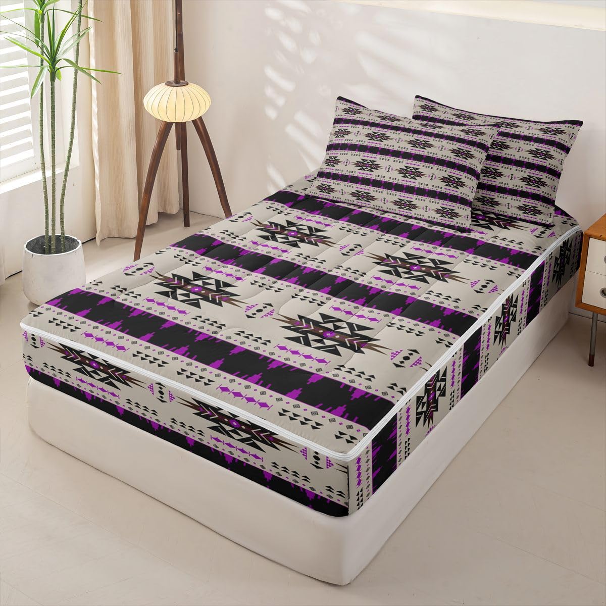Vintage Exotic Geometric Zipper Bedding Set Queen Zip Up Bedding Western Ethnic Tribal Arrow Comforter Set African Tribal Sriped Triangle Bed in a Bag Brown Purple Bed Set with Comforter and Sheets