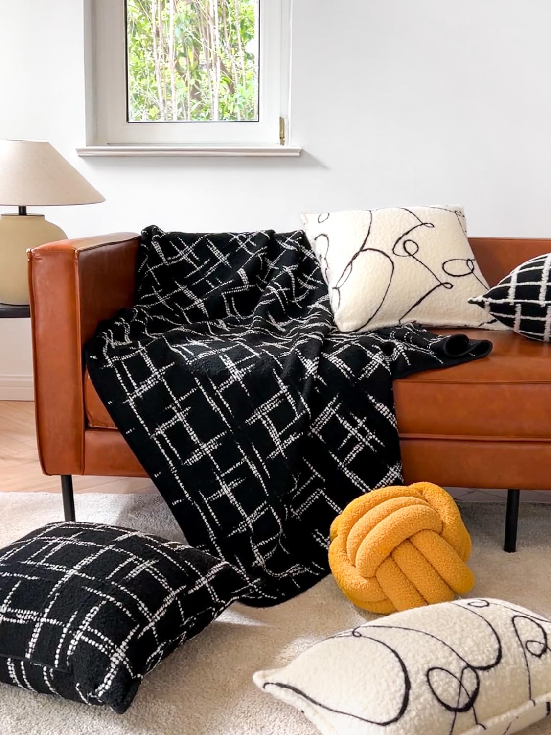 Crumbs Home Modern Decorative Throw Blanket for Couch, Sofa, Bed, Black Beige Embroidered Irregular Lines, 55"x60"