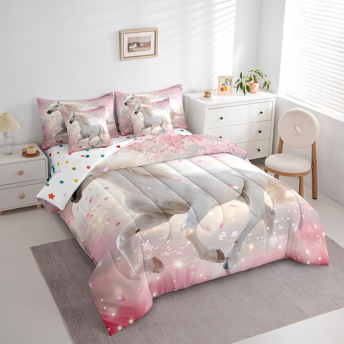 7 Piece Boys Twin Horse Bed in a Bag Pink Cherry Blossom Sheet Set for Girls Kids - 3D Wild Animal Bedding Set with Comforter - Pink Fitted Sheet - White Horse Farmhouse Cushion Covers