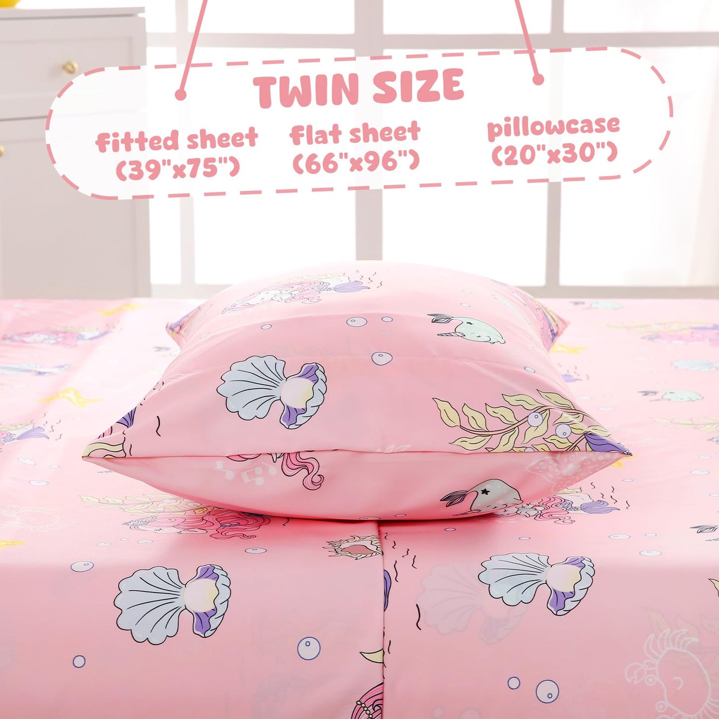 LONAVA Twin Sheet Set Kids - 3 Pieces Soft Microfiber Cartoon Style Bedsheets for Boys Girls Teens, Oeko TEX, Breathable Deep Pocket Sheets, (Mermaid)